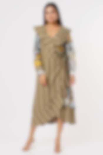 Olive Green Silk Wrap Midi Vacation Dress by Kritika Murarka at Pernia's Pop Up Shop