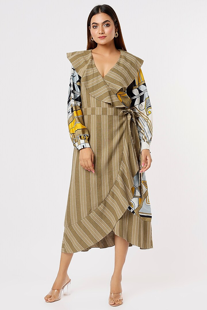 Olive Green Silk Wrap Midi Vacation Dress by Kritika Murarka at Pernia's Pop Up Shop