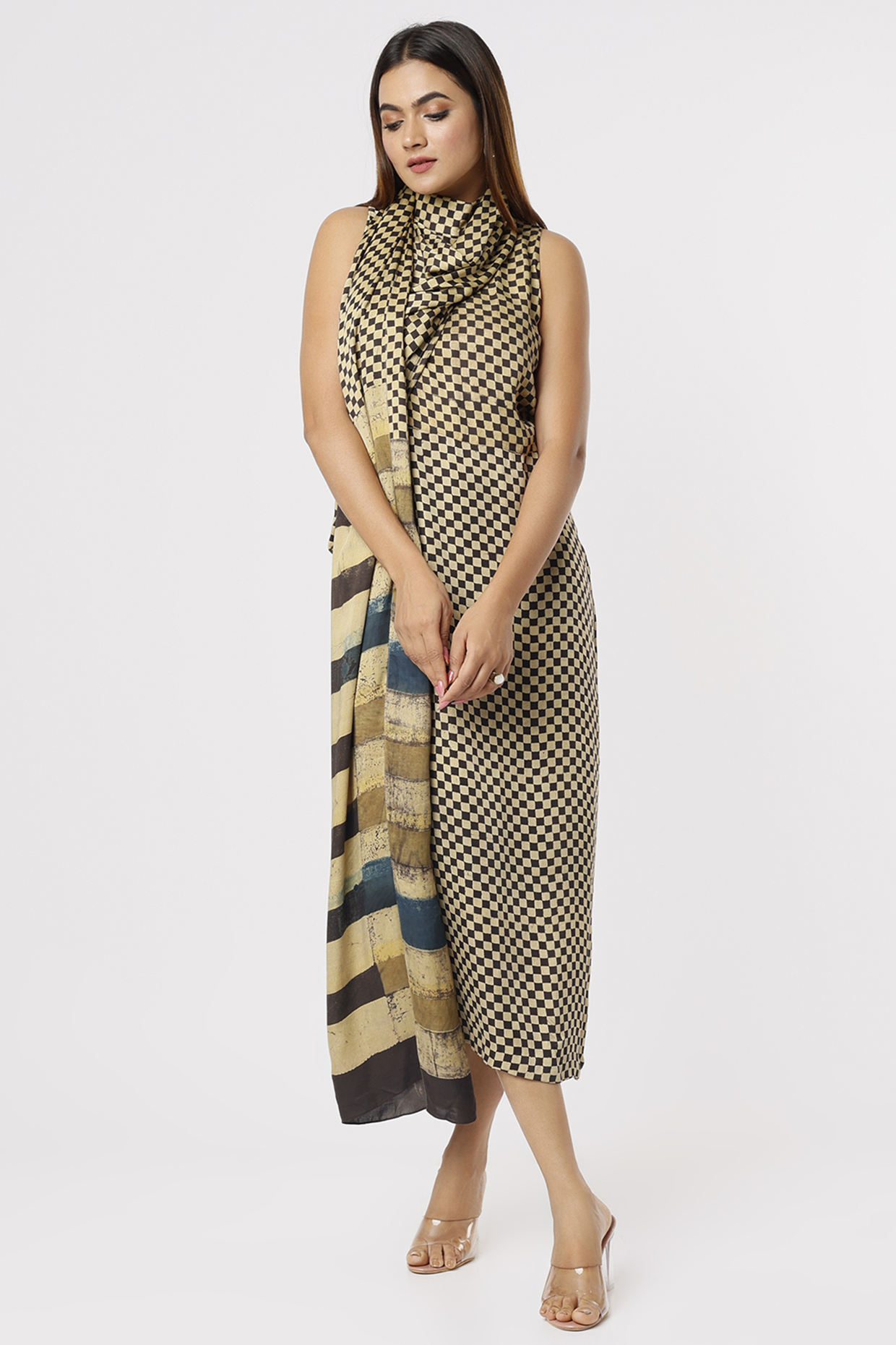Black & Beige Satin Midi Vacation Dress by Kritika Murarka at Pernia's Pop Up Shop