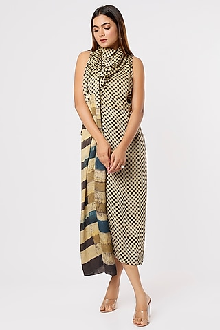 Black & Beige Satin Midi Dress by Kritika Murarka
