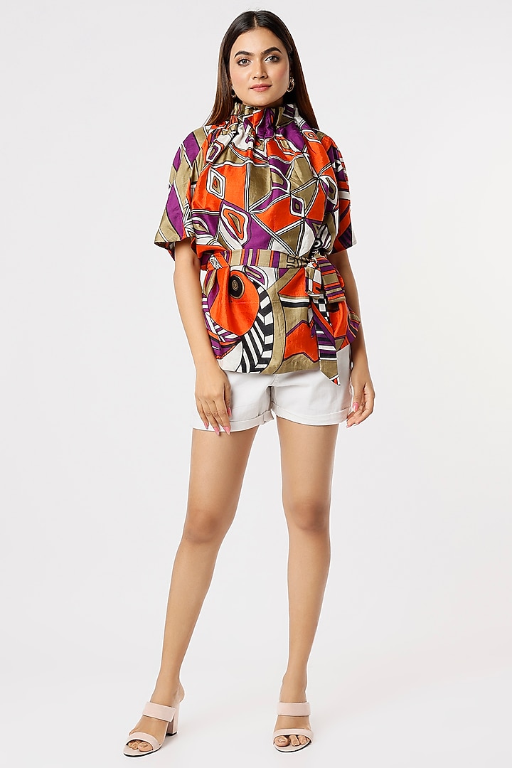 Multi-Colored Printed Top With Belt by Kritika Murarka