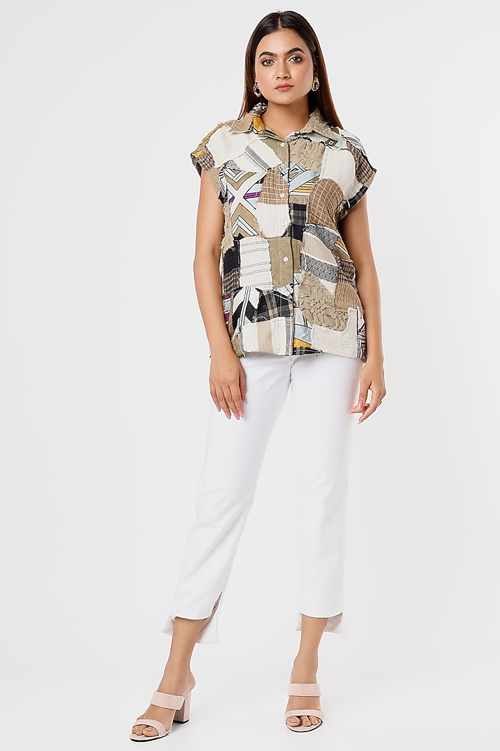 Beige Cotton Shirt With Patch Work by Kritika Murarka at Pernia's Pop Up Shop