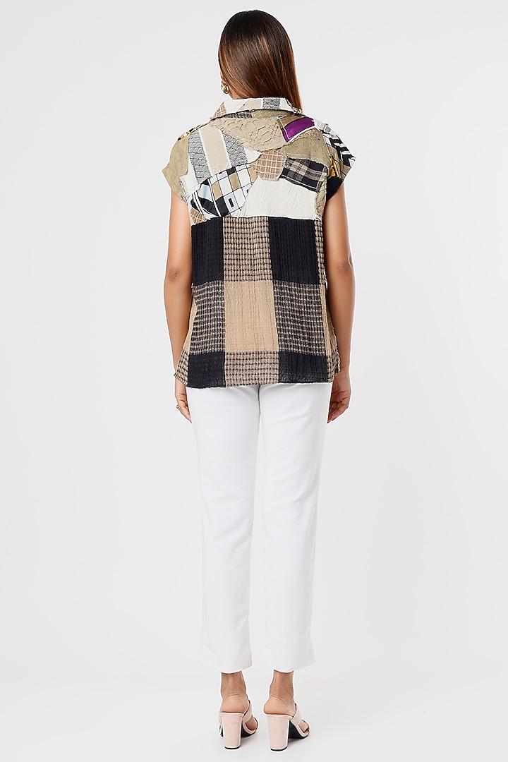 Beige Cotton Shirt With Patch Work by Kritika Murarka at Pernia's Pop Up Shop