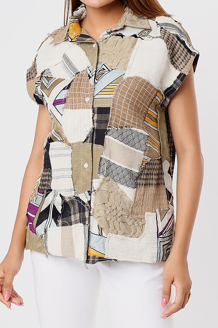 Beige Cotton Shirt With Patch Work by Kritika Murarka at Pernia's Pop Up Shop