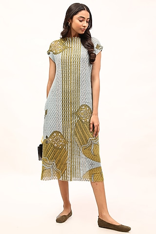 Sky Blue Cotton Net Printed Shift Dress by Kritika Murarka