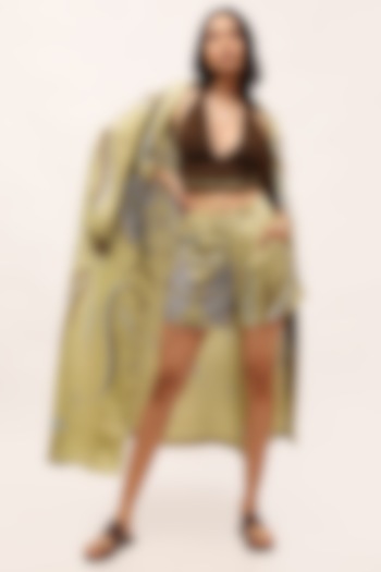 Mint Green Cotton Satin Floral Printed Long Jacket by Kritika Murarka at Pernia's Pop Up Shop