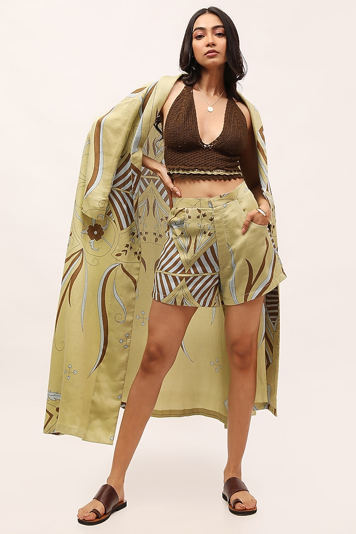 Mint Green Cotton Satin Floral Printed Long Jacket by Kritika Murarka at Pernia's Pop Up Shop