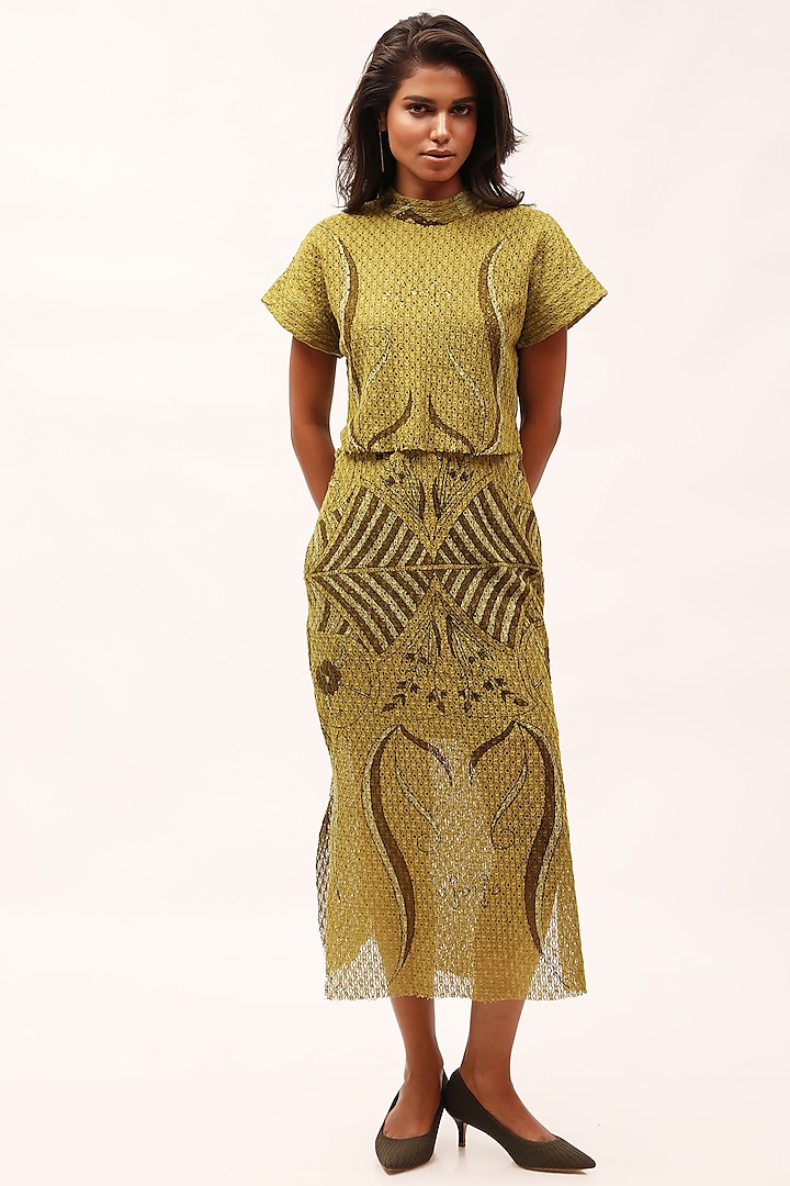 Olive Green Cotton Net Floral Printed Skirt Set by Kritika Murarka