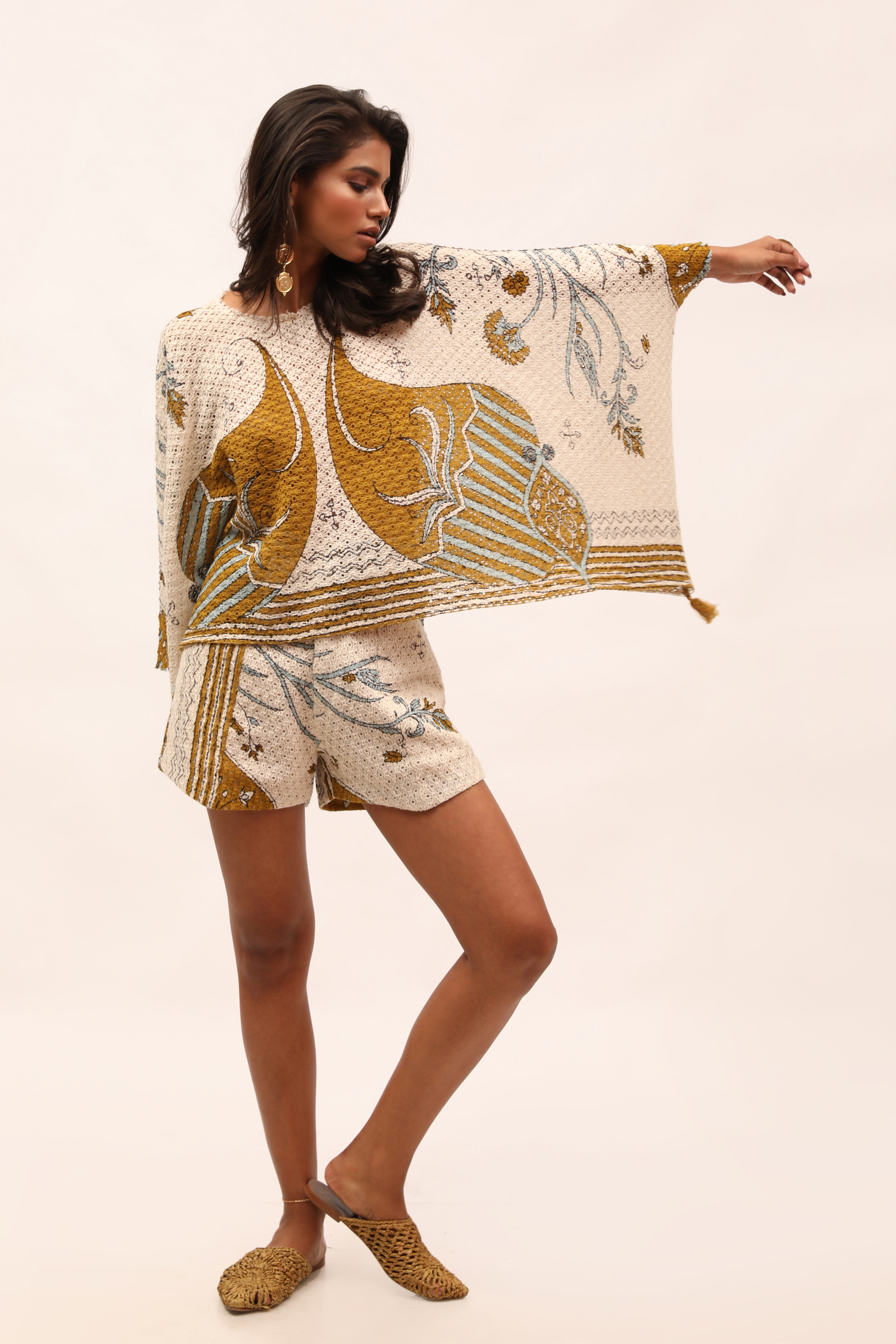 Ecru Cotton Net Printed Kaftan Top by Kritika Murarka at Pernia's Pop Up Shop
