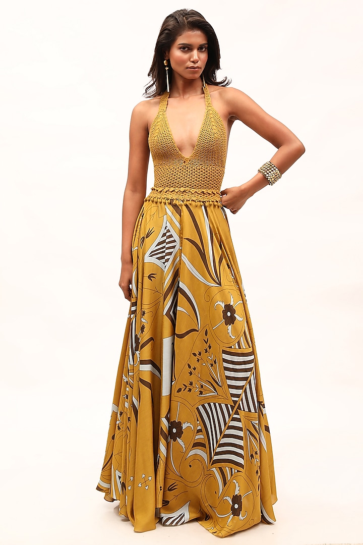 Mustard Yellow Crochet Cotton Strappy Dress by Kritika Murarka