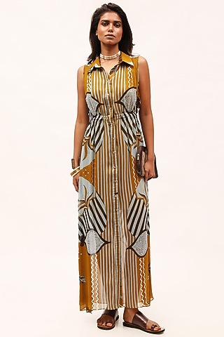 Mustard Yellow Chiffon Printed Maxi Dress by Kritika Murarka