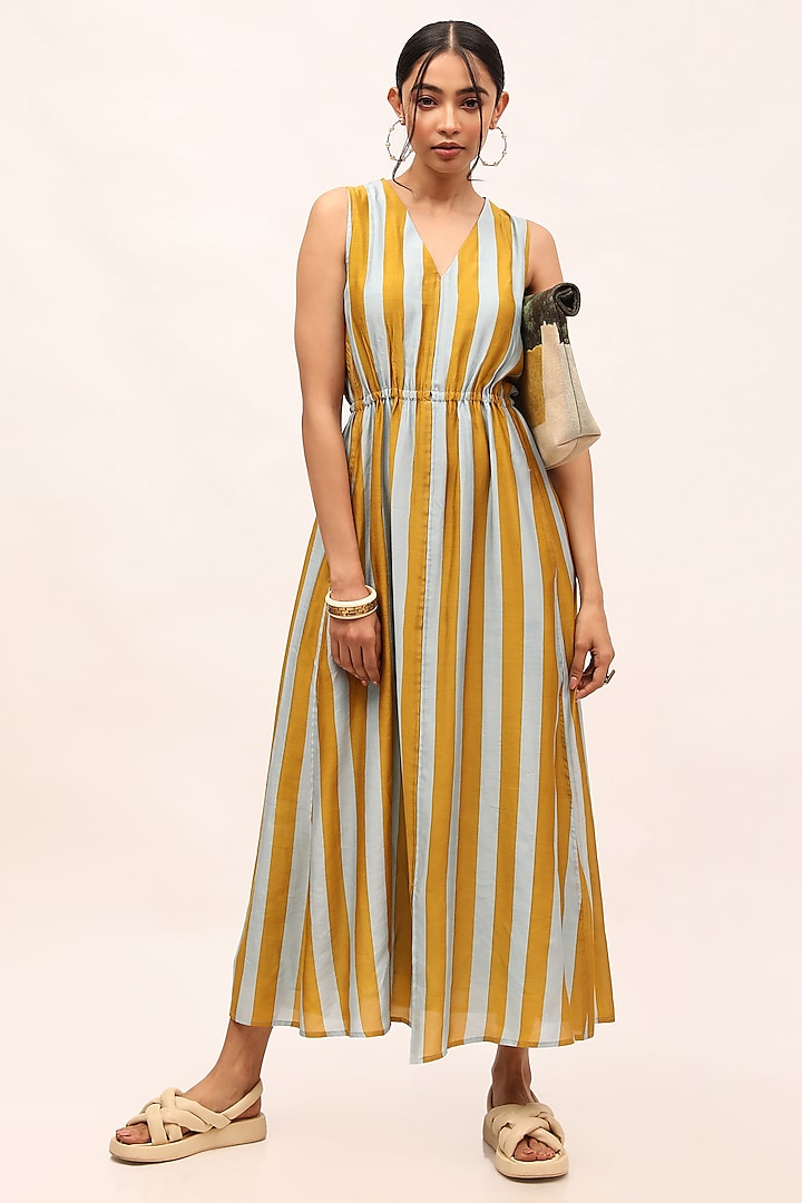 Yellow & Blue Cotton Silk Striped Dress by Kritika Murarka