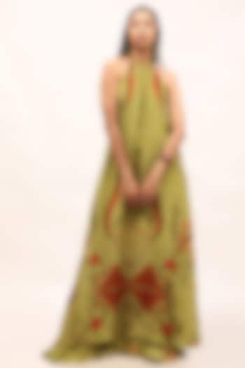 Olive Green Viscose Crepe Floral Printed Maxi Dress by Kritika Murarka