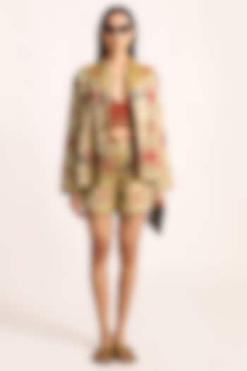 Olive Green Tissue Organza Embroidered Jacket by Kritika Murarka at Pernia's Pop Up Shop