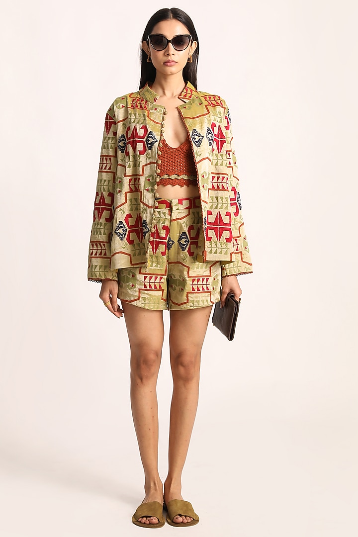 Olive Green Tissue Organza Embroidered Jacket by Kritika Murarka at Pernia's Pop Up Shop