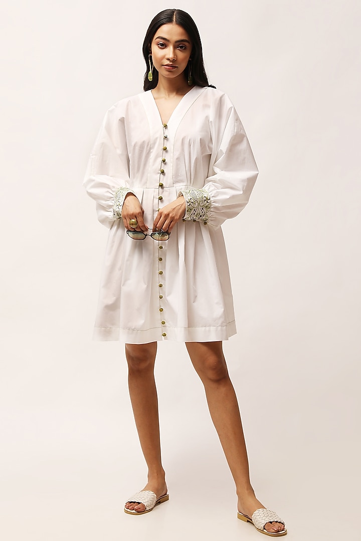 White Cotton Poplin Embroidered Dress by Kritika Murarka