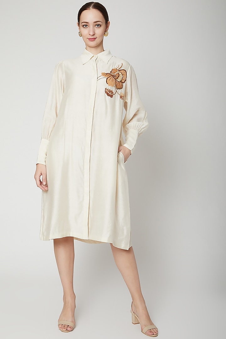White Hand Embroidered Shirt Dress by Kritika Murarka