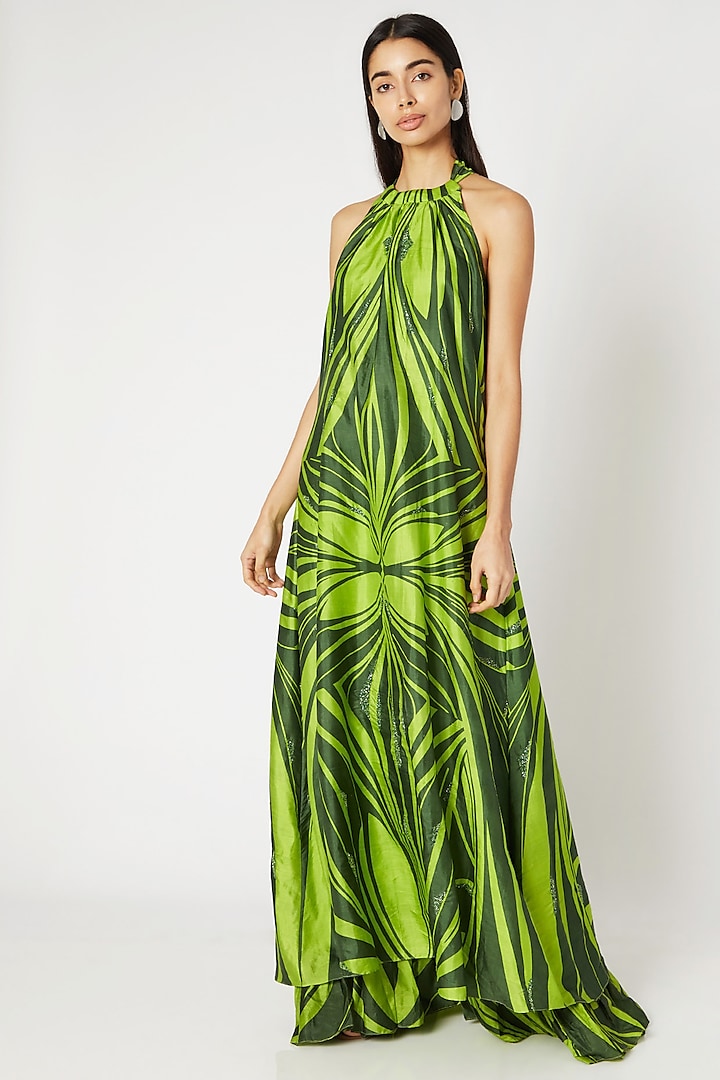 Emerald Green Screen Printed Maxi Dress by Kritika Murarka