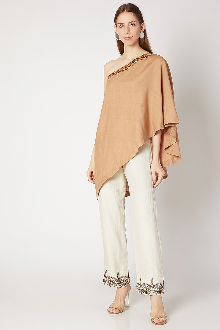 Pale Peach Embroidered One Shoulder Top by Kritika Murarka at Pernia's Pop Up Shop