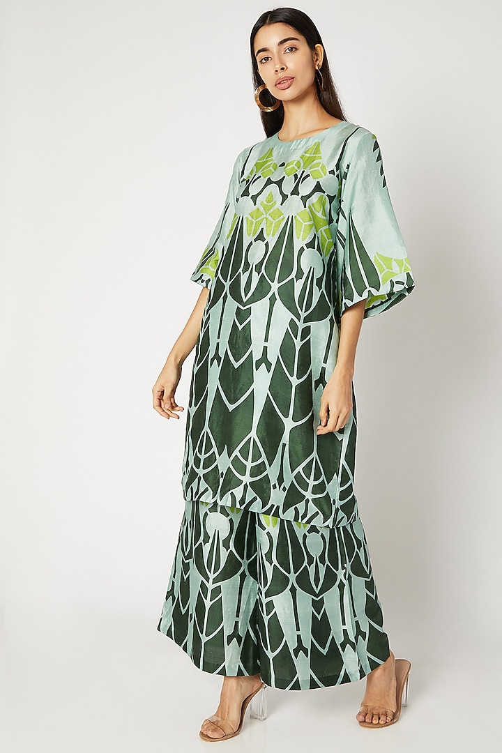 Olive Green Printed Tunic With Wide Leg Pants by Kritika Murarka