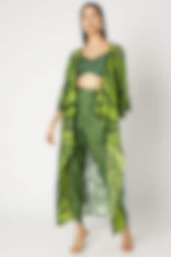 Emerald Green Printed Embroidered Cape With Bustier & Dhoti Pants by Kritika Murarka at Pernia's Pop Up Shop