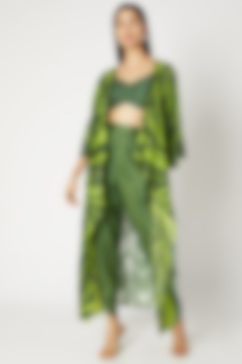 Emerald Green Printed Embroidered Cape With Bustier & Dhoti Pants by Kritika Murarka