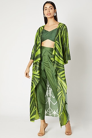 Emerald Green Printed Embroidered Cape With Bustier & Dhoti Pants by Kritika Murarka