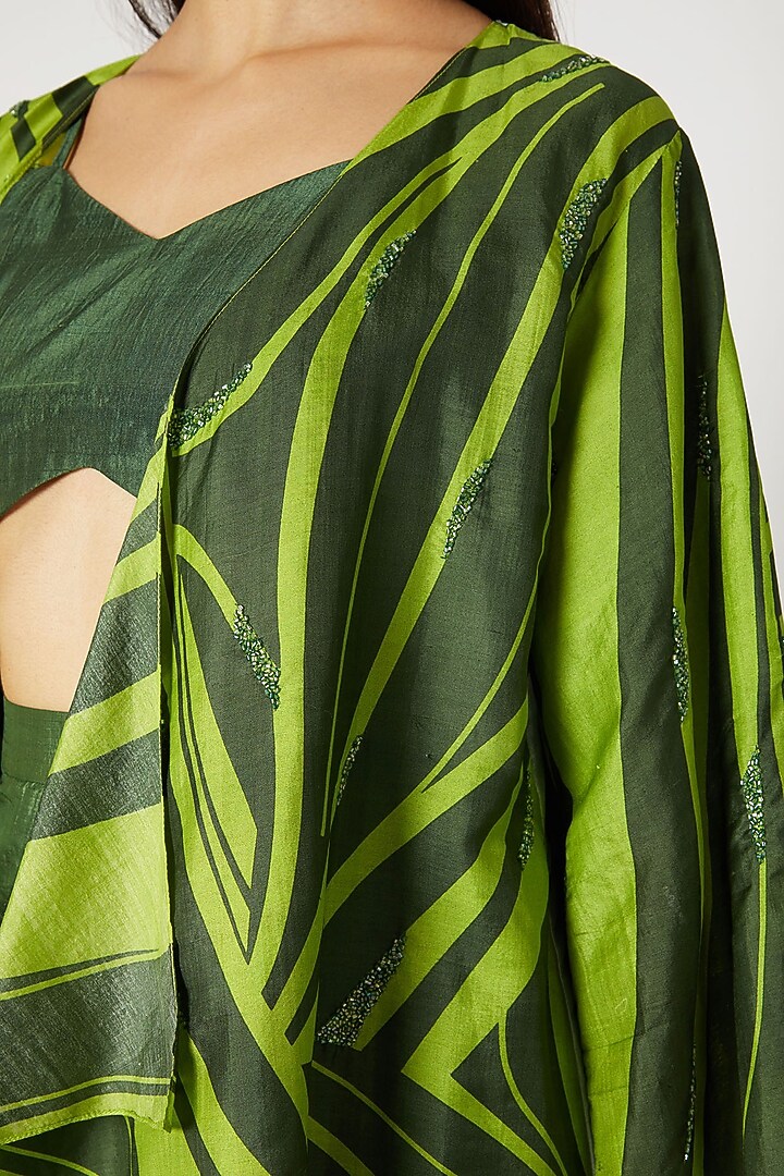 Emerald Green Printed Embroidered Cape With Bustier & Dhoti Pants by Kritika Murarka at Pernia's Pop Up Shop