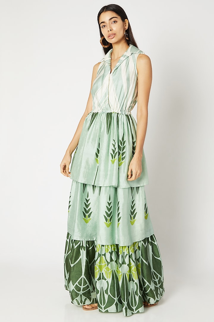 Green Printed Collared Vacation Dress by Kritika Murarka at Pernia's Pop Up Shop