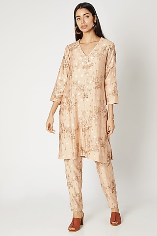 Pale Peach Printed Trouser Pants by Kritika Murarka