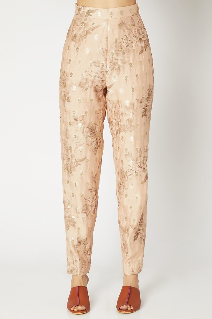 Pale Peach Printed Trouser Pants by Kritika Murarka at Pernia's Pop Up Shop