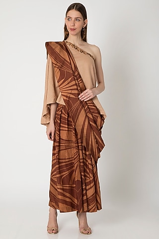 Brown Printed Pleated Pant Saree by Kritika Murarka