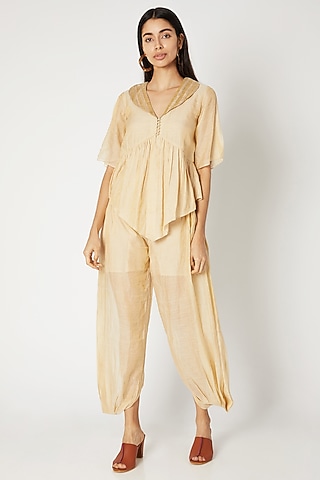 Golden Chanderi Tissue Dhoti Pants by Kritika Murarka