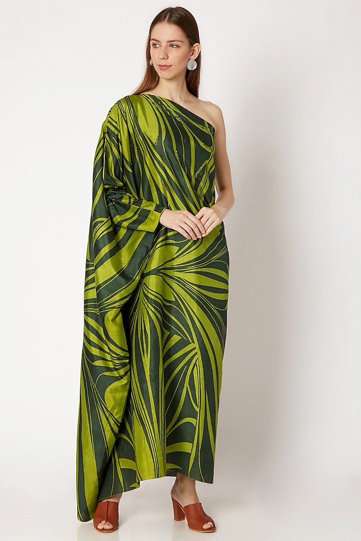 Emerald Green Printed Off Shoulder Dress by Kritika Murarka