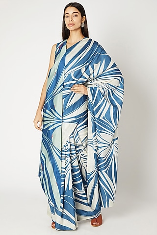 Cobalt Blue & White Printed Saree by Kritika Murarka
