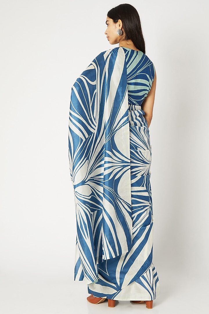 Cobalt Blue & White Printed Party Wear Saree by Kritika Murarka at Pernia's Pop Up Shop