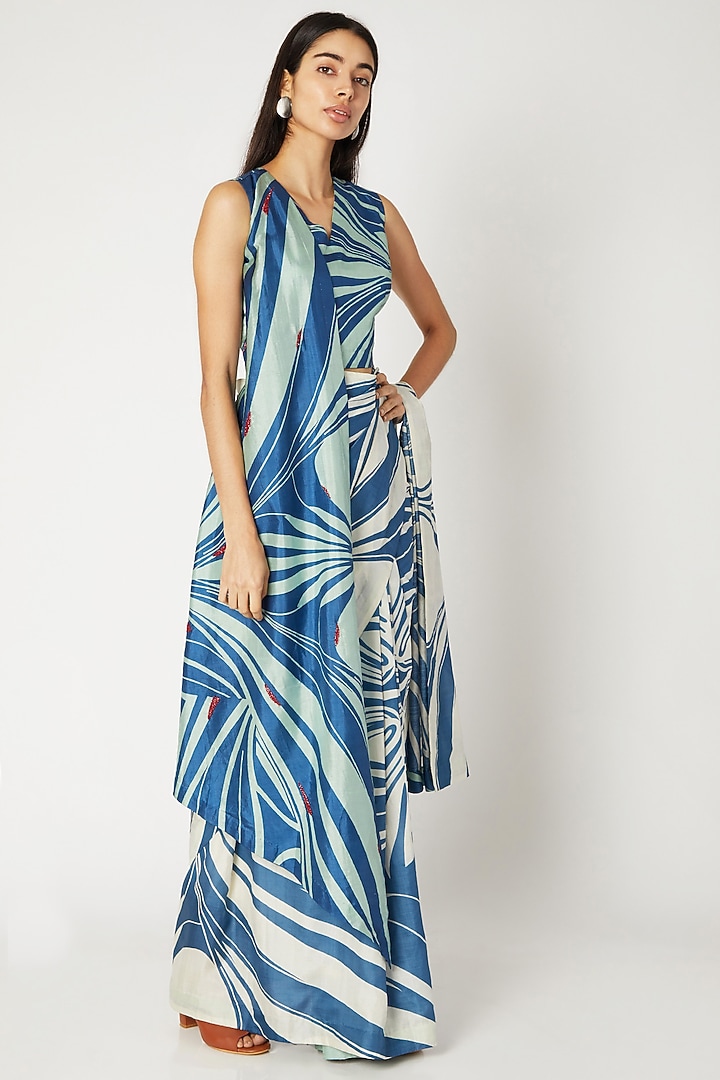 Cobalt Blue & White Printed Party Wear Saree by Kritika Murarka at Pernia's Pop Up Shop