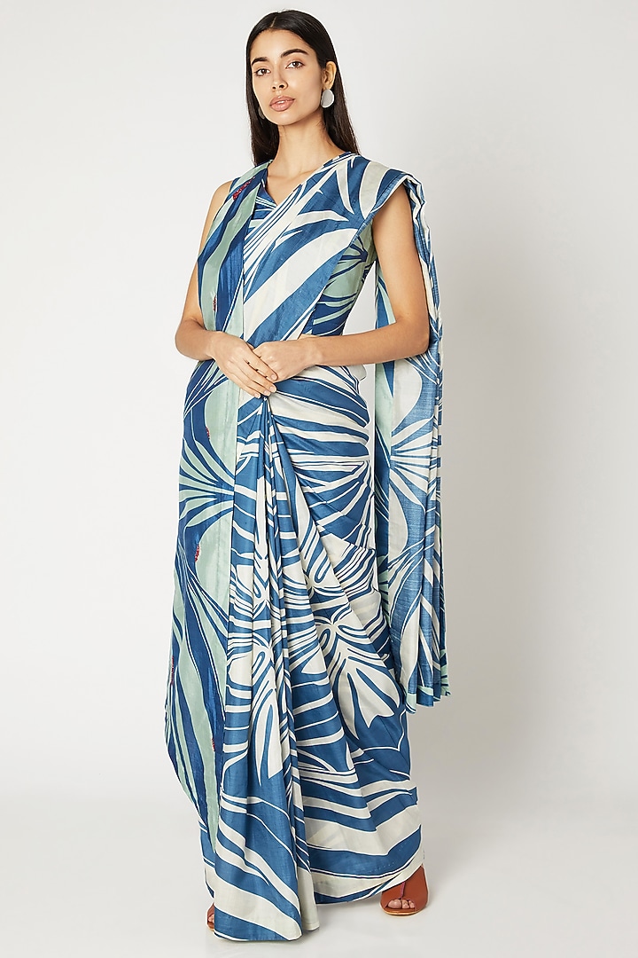 Cobalt Blue & White Printed Party Wear Saree by Kritika Murarka at Pernia's Pop Up Shop
