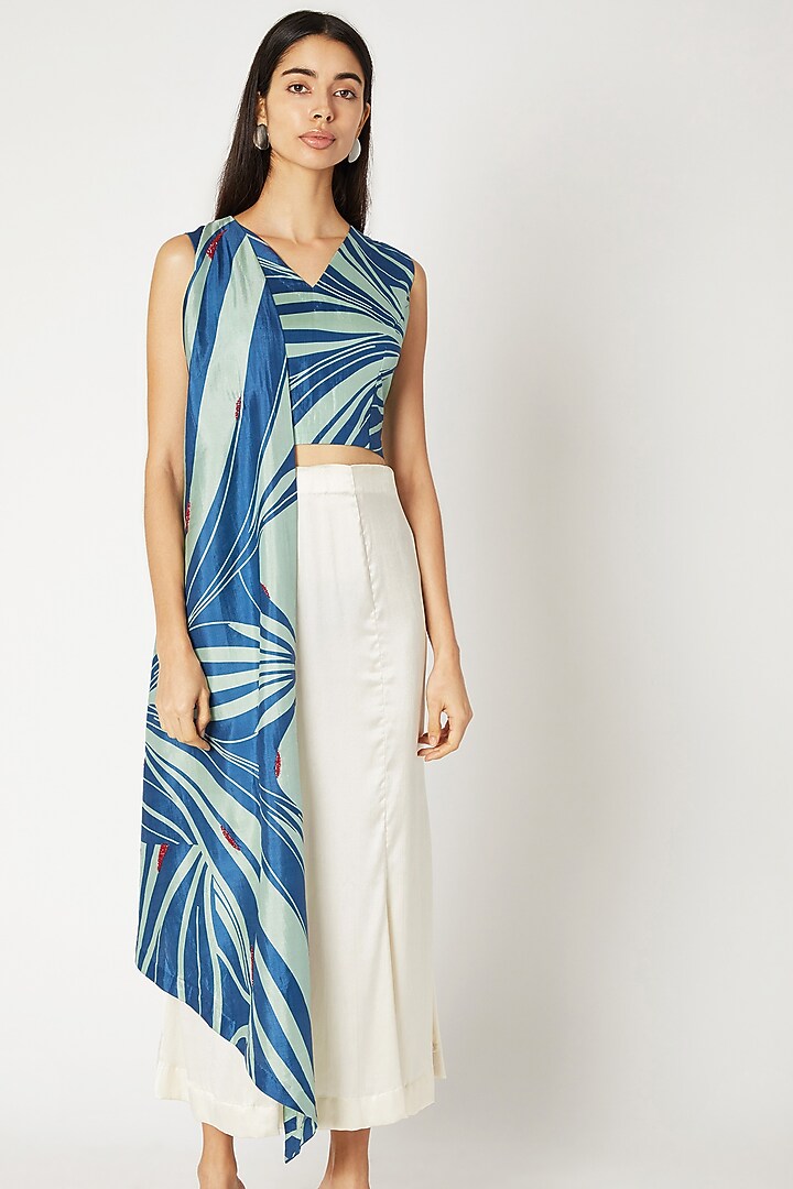 Cobalt Blue & White Printed Party Wear Saree by Kritika Murarka at Pernia's Pop Up Shop