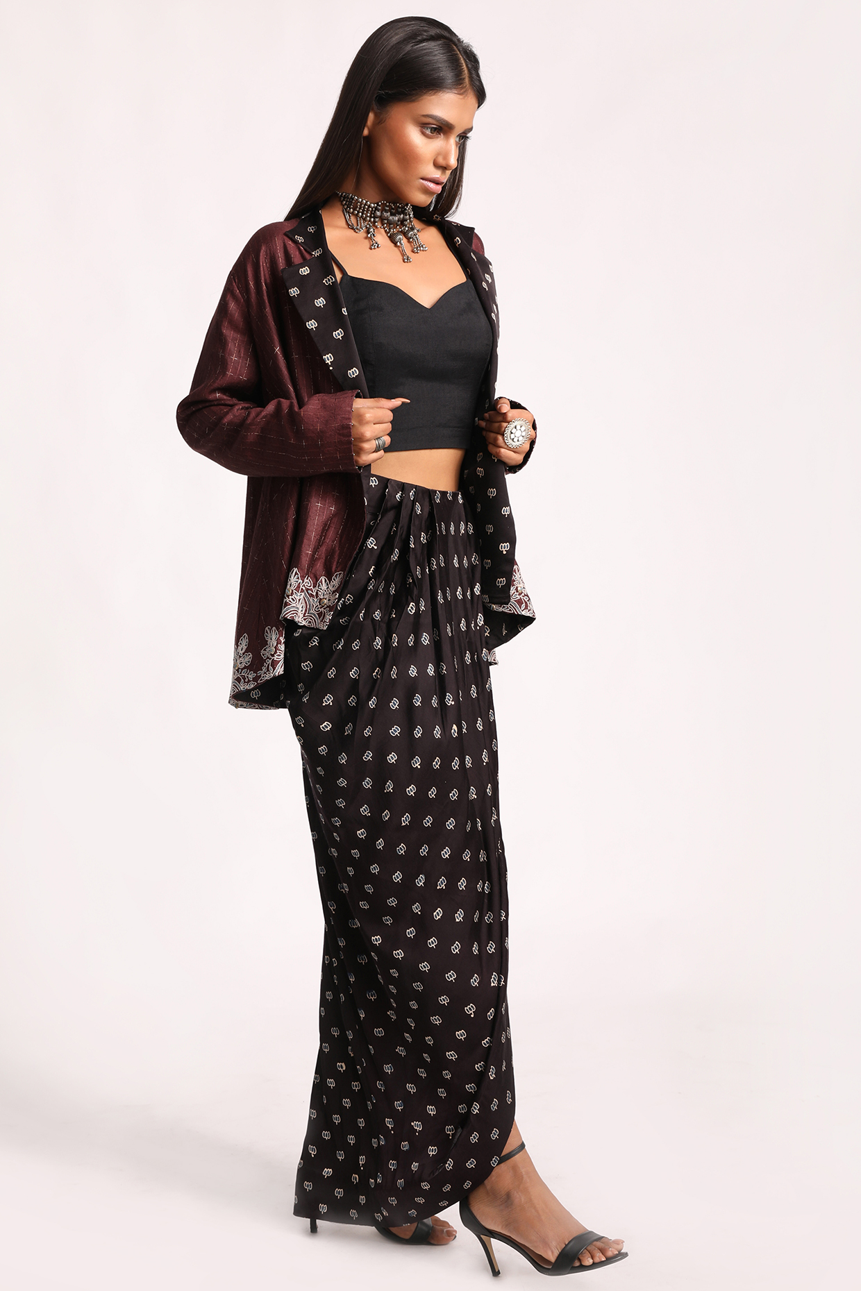 Black & Maroon Embroidered Jacket Set by Kritika Murarka