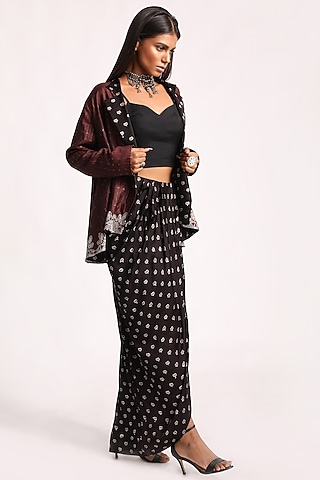 Black & Maroon Embroidered Jacket Set by Kritika Murarka