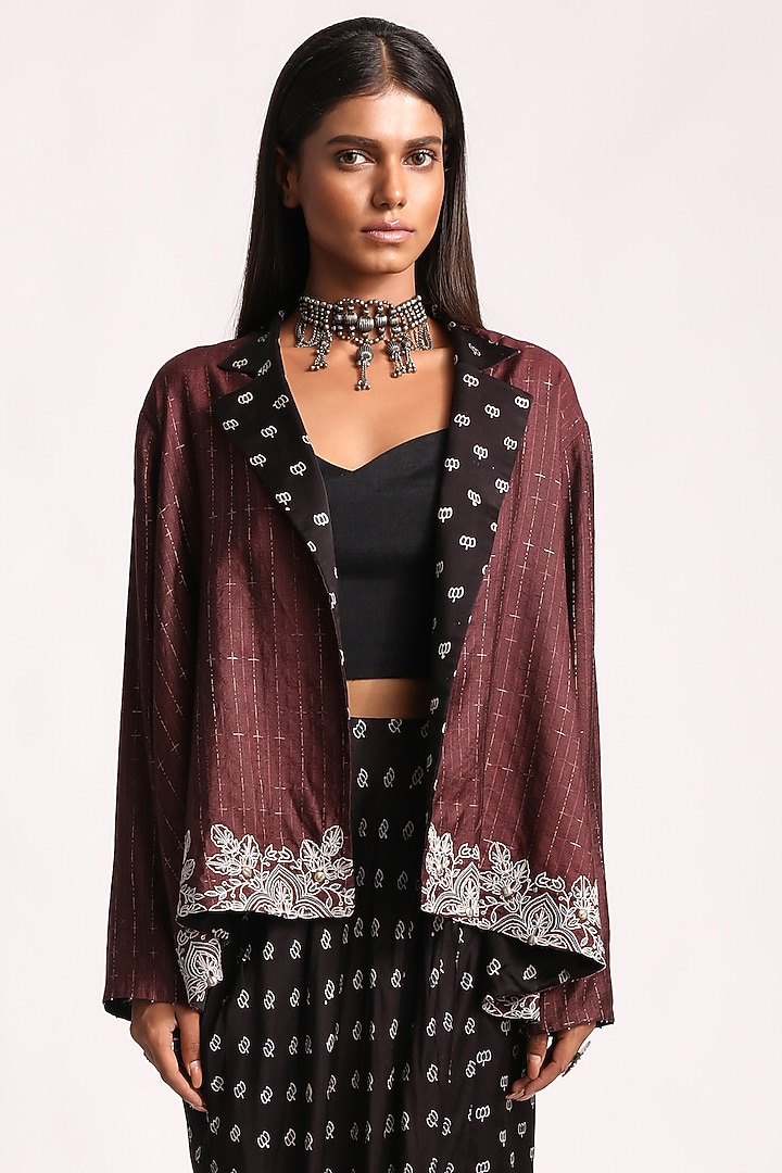 Black & Maroon Embroidered Jacket Set by Kritika Murarka at Pernia's Pop Up Shop