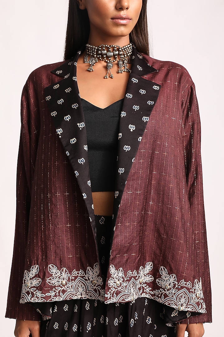 Black & Maroon Embroidered Jacket Set by Kritika Murarka at Pernia's Pop Up Shop