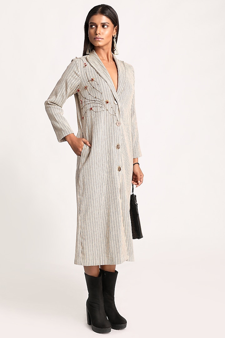 Beige Embroidered Blazer Dress by Kritika Murarka