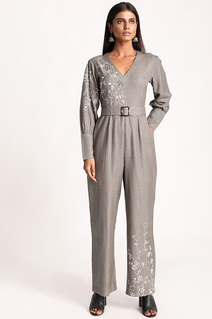 Grey Hand Embroidered Jumpsuit by Kritika Murarka