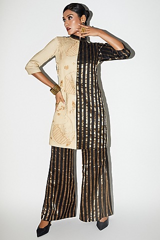 Black & Gold Organza Brocade Embroidered Long Jacket by Kritika Murarka