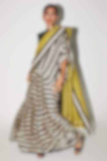 Black & White Crushed Tissue Organza Striped Party Wear Saree by Kritika Murarka at Pernia's Pop Up Shop