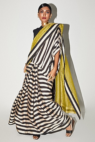 Black & White Crushed Tissue Organza Striped Saree by Kritika Murarka