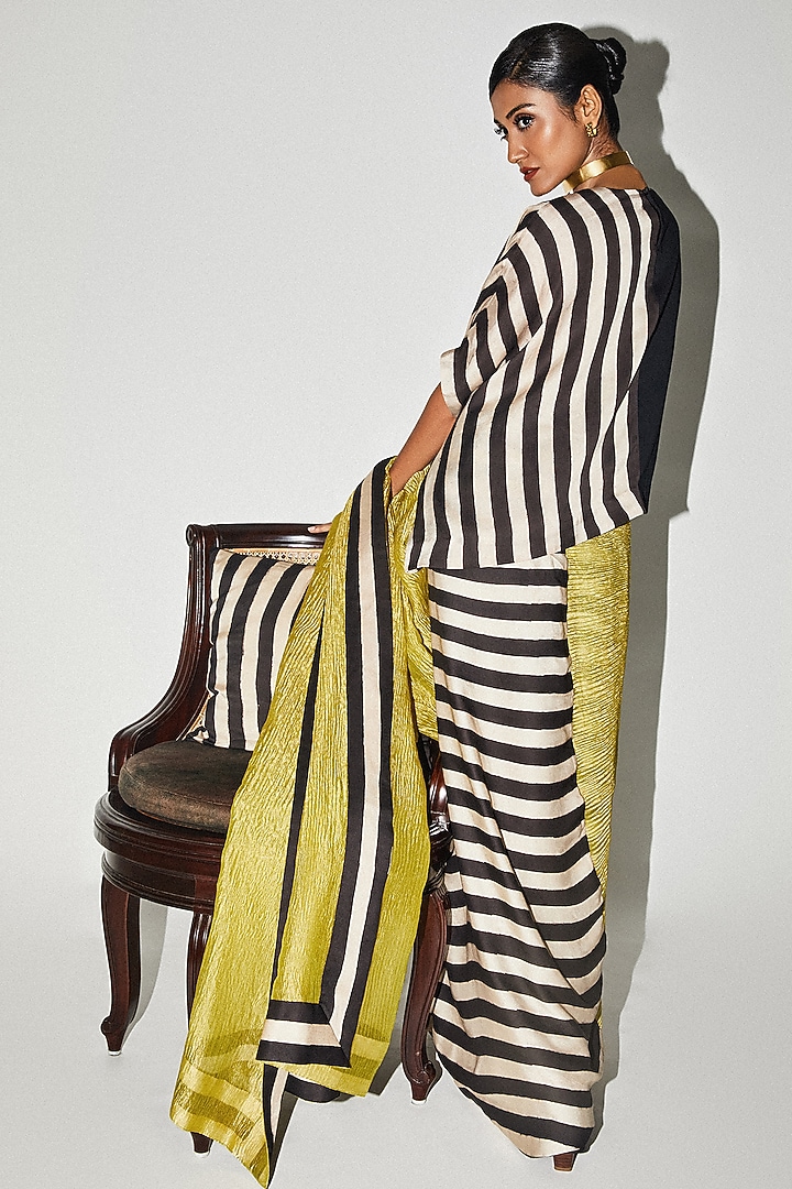 Black & White Crushed Tissue Organza Striped Party Wear Saree by Kritika Murarka at Pernia's Pop Up Shop