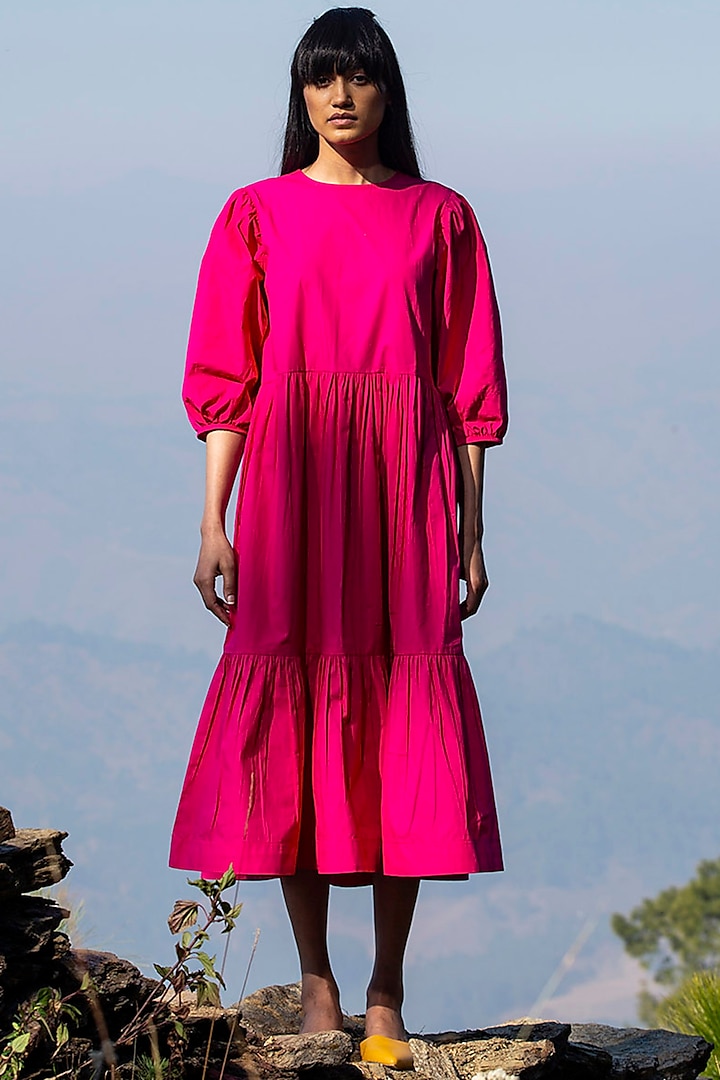 Hot Pink Poplin Midi Dress by Khara Kapas